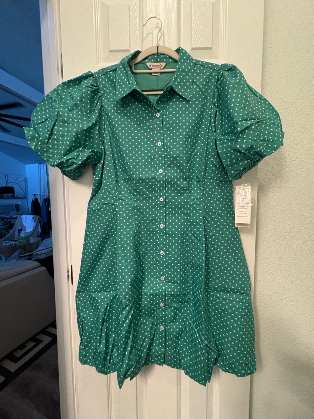 Nanette Lepore Teal Green Polka Dot Puff-Sleeve Button Dress